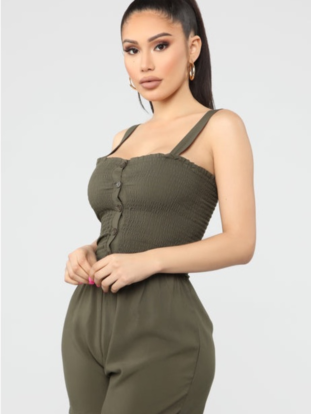 Fashion Nova Olive Smocked Button-Front Jumpsuit with Straps